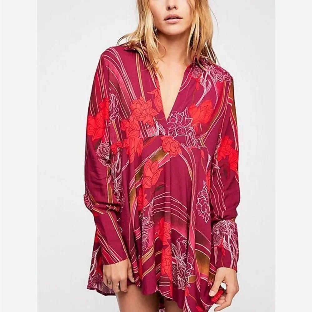 Free People Field of Flowers Red Purple Floral Tunic / Dress Size M